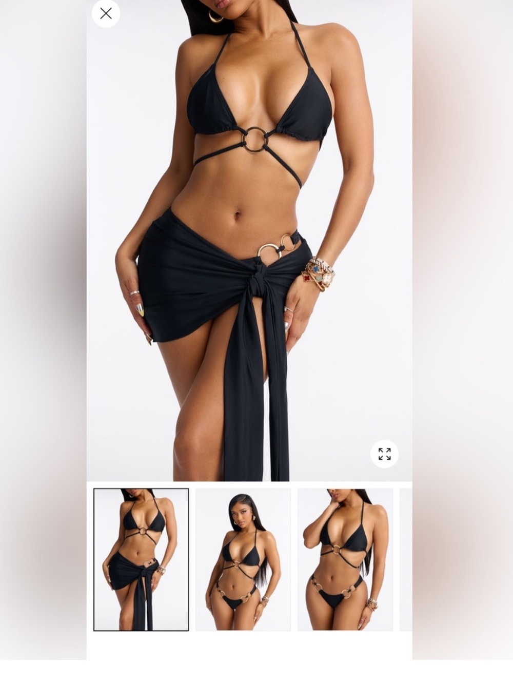 Black Ring-Accent Triangle Bikini with Sarong